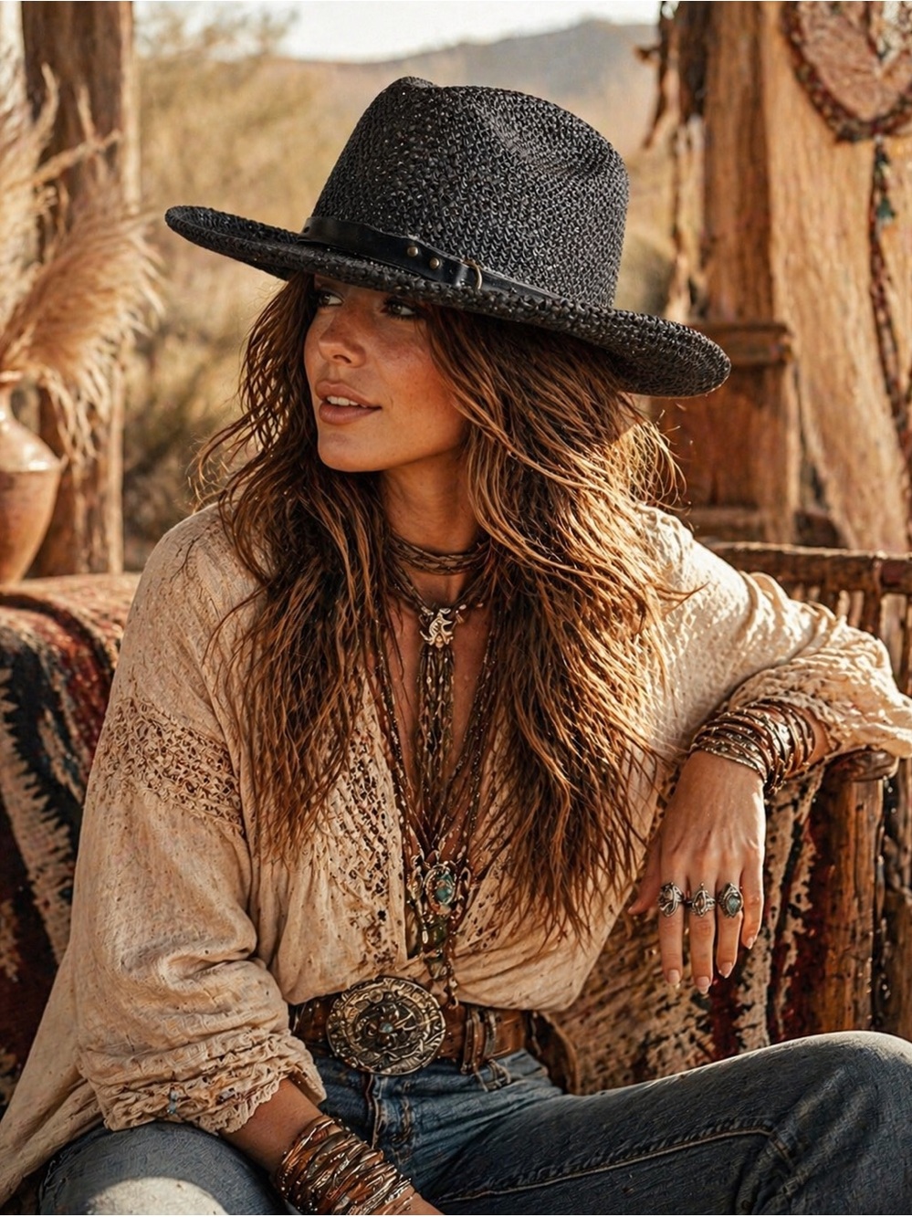 Boho Western Woven Paper Straw Hat Wide Brim Black Festival Chic